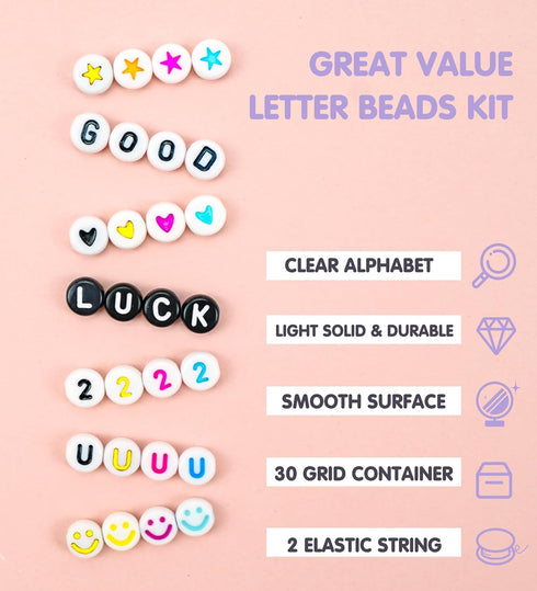Dowsabel 1520 PCS Letter Beads, 30 Styles Friendship Bracelet Kit, 4x7mm Round Number Alphabet Beads for Bracelets, 2 Rolls Crystal String Jewelry...