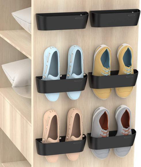 Wall Mounted Shoes Rack 6Pack with Sticky Hanging Strips, Plastic Shoes Holder Storage Organizer,Door Shoe Hangers (SM03-Black-6)...