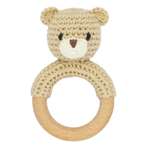 Safari Animals Wooden Baby Rattle Toys Stuffed Crochet Rattle with Teether Ring for Newborn, Beige Bear...
