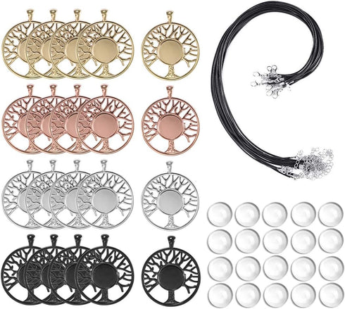 LANBEIDE 60Pieces Cabochons Crafting Kits-20Pcs Tree of Life Bezel Pendant Blank Trays with 20Pcs Glass Dome and 20Pcs Black Necklace Cords with C...