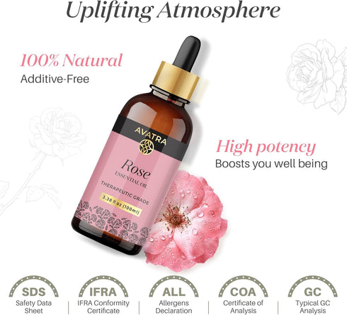 Avatra Rose Essential Oil for Diffuser, Perfume, Skin, Hair, Aromatherapy | Pure & Natural Essential Oil for Massage, Bath, Soap, Candles | Premiu...