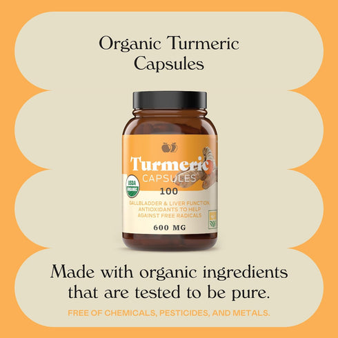 Organic Turmeric Capsules - Raw & Pure Curcumin Root Powder Supplement, 100 Capsules 600mg, Gallbladder, Liver, and Support...