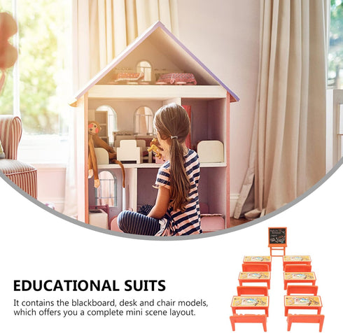 NUOBESTY 13pcs Yellow Table and Chairs Blackboard Model Mini Scene Doll Locker Mini Wooden Blackboard Kids Desk Mini Classroom Toys Mini Accessori...