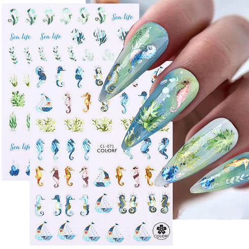 Sea Animals Nail Art Adhesive Sticker 3D Self-Adhesive Nail Decals Art Design Holographic Shell fish Jellyfish Nail Art Sticker Decoration for Wom...