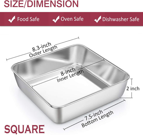 P&P CHEF Square Baking Cake Pans, Small Stainless Steel Lasagna Brownie Pan For Birthday Cake Bread Pie, Non-toxic & Durable, Smooth Rim & Leakpro...