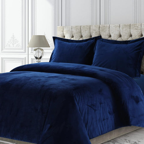 Tribeca Living VENICEDUVET Venice Velvet Oversized Solid Duvet Set, 3 pcs, King, Navy Blue...