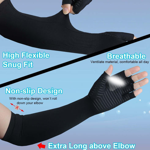 Copper Long Arthritis Gloves,Long Wrist Compression Arm Sleeve Carpal Tunnel Gloves, Fingerless Hand Compression Gloves for Men Women Computer Typ...