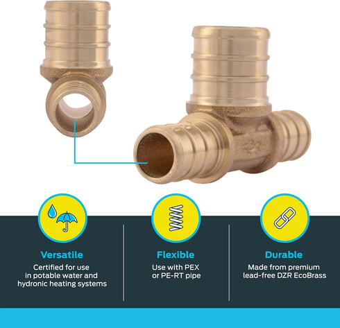 SharkBite 1/2 Inch x 1/2 Inch x 3/4 Inch Crimp Reducing Tee, Bullnose, Brass Plumbing Fitting, PEX Pipe, PE-RT, UC408LFA...
