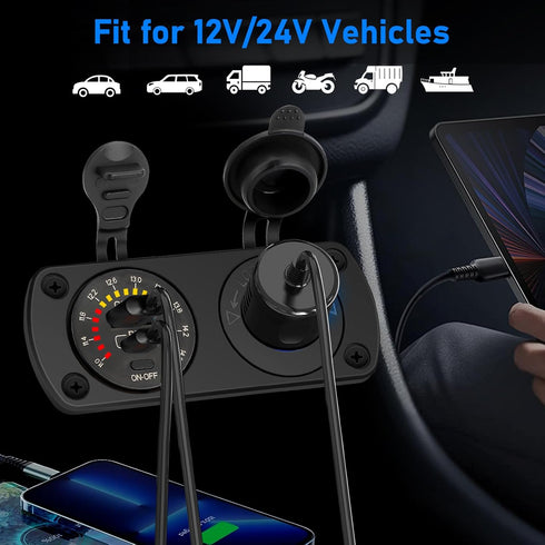 Linkstyle 12V USB Outlet, QC3.0 USB-A Port, PD USB-C Port, Cigarette Lighter Socket with Voltmete Switch, Outlet Socket Panel for Car Boat...