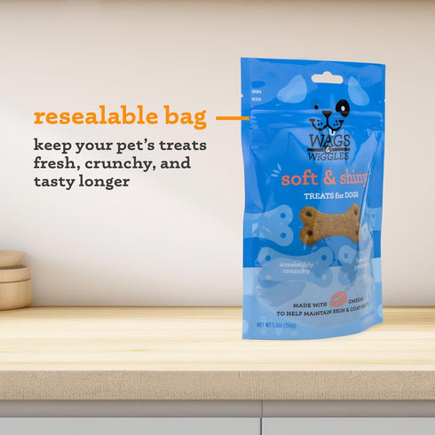 Wags & Wiggles Soft & Shiny Treats for Dogs, Chicken Flavor, 5.5 oz Resealable Bag | Skin & Coat Support Functional Treats for Dogs with Salmon fo...