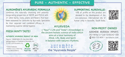 Auromere Ayurvedic Herbal Toothpaste, Fresh Mint - Vegan, Natural, Non GMO, Fluoride Free, Gluten Free, with Neem & Peelu (4.16 oz), 2 Pack...