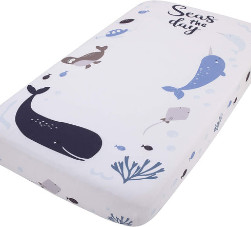 NoJo Seas The Day Multi Sea Animals Blue and White 100% Cotton Photo Op Fitted Crib Sheet...