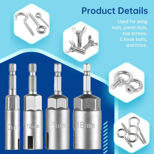 1/4in Hex Shank Nut Driver, 4 Pcs Wing Nut Driver Sockets, 10/12/16/18mm, Slot Wing Nuts Drill Bit Sockets, Wrench Tools for C Hook Bolts, Panel N...
