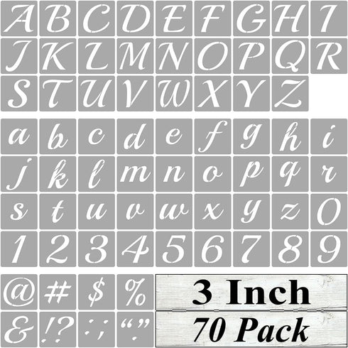 3 Inch Alphabet Letter Stencils for Painting - 70 Pack Letter and Number Stencil Templates with Signs for Painting on Wood, Reusable Cursive Lette...