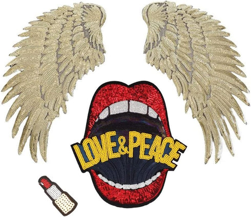 Large Red Mouth Gold Sequin Wing Iron on Patches Appliques Stickers Sew On Embroidered Lip Motif for DIY Clothes Jackets Jeans T-Shirt Pillow Case...