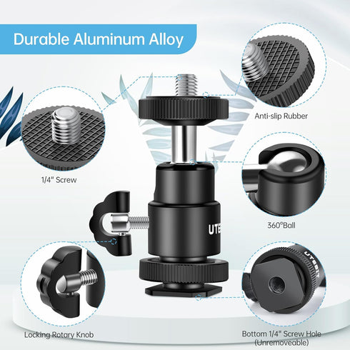 12MM Tripod Ball Head, UTEBIT 360° Rotatable Metal Mini Ball Head with 1/4" hot Shoe, BallHeads Camera Mount Adapter for Sport Camera, Pocket Ligh...