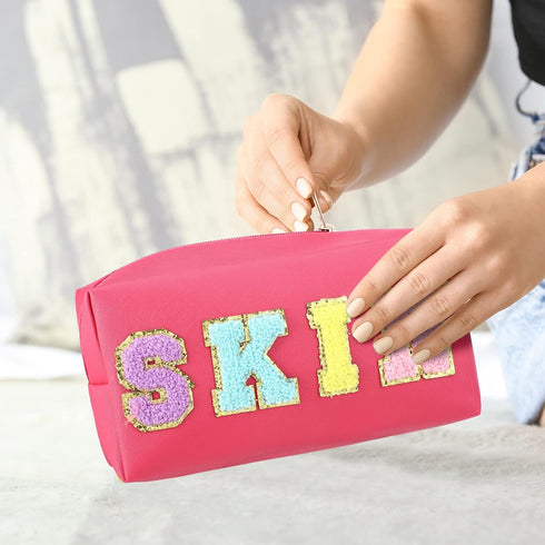 4 Pcs Large Chenille Letter Patch Makeup Bag Skin Stuff Hair Face Bag Preppy Patch Makeup Cosmetic Bag Toiletry Zipper for Women Teen Girl(Fresh C...