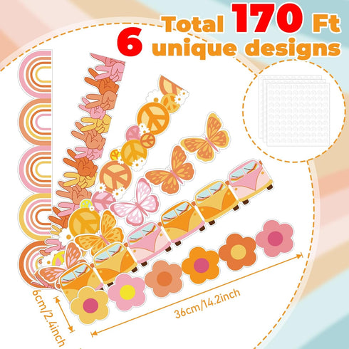 170Ft Boho Bulletin Board Borders Retro Groovy 70s Classroom Decoration Bulletin Board Decor Paper for Classroom School Office Bulletin Board Deco...