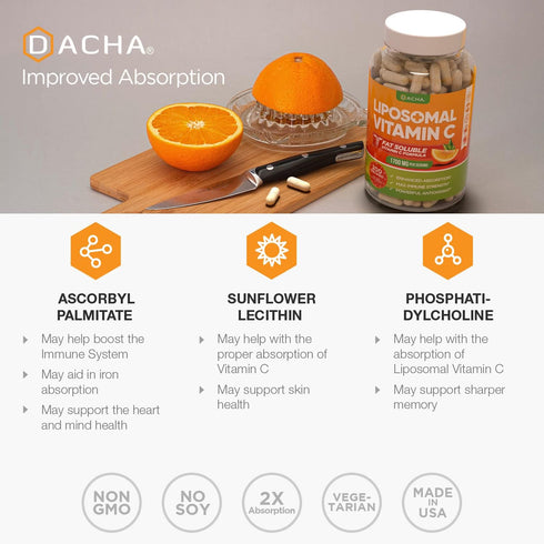 DACHA Natural Liposomal Vitamin C - 1700mg, 200 Capsules, Immune System & Collagen Booster, High Absorption Fat Soluble VIT C, Buffered, Skin Vita...