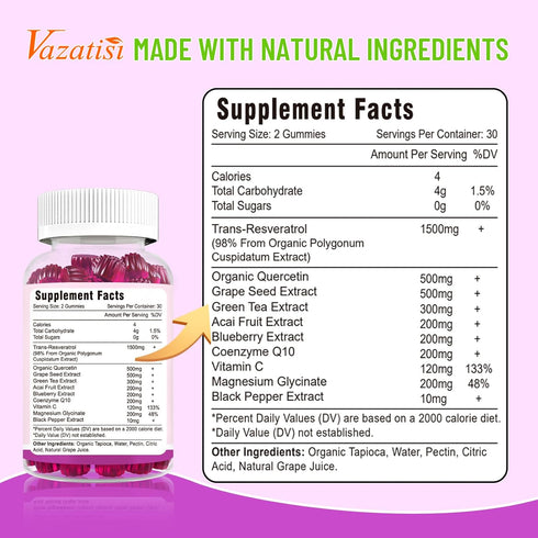 High Purity Resveratrol Gummies, 98% Trans-Resveratrol with Quercetin, Coq 10, Vitamin C - Reservatrol Supplement for Antioxidant, Joint, Anti-Agi...