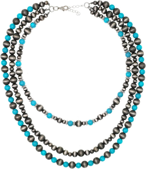 Western Metallic Navajo Pearl Choker Necklace For Women Cowgirls Multi Layer Pearls Turquoise Beaded Boho Chic Statement Necklace Southwestern...