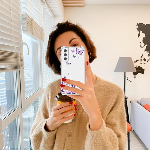 for Samsung Galaxy S21 FE Case,Alluring Purple Butterfly Pattern Anti Yellowing Slim Hard Cases,Hard PC + TPU Bumper Clear Shockproof Protective W...