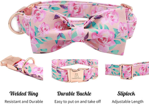 Lionheart glory Floral Rose Print Dog Collar Adjustable Soft Dog Collar with Bowtie, Girl Pet Collars for X-Small Small Medium Large Dogs...