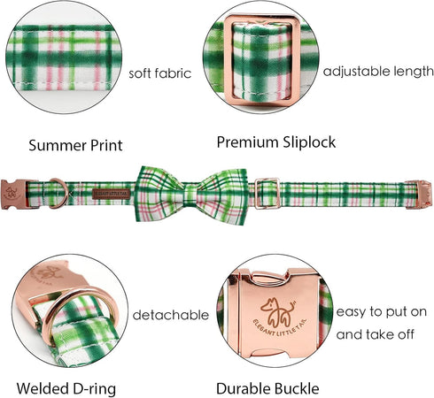 Elegant little tail Dog Collar with Bow - Pink with Green Plaid Boy or Girl Dog Collar Cute Bowtie Pet Collar Adjustable Dog Collar for X-Small Pu...