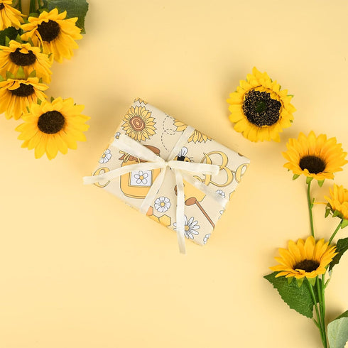 Bolsome 12 Sheets 28 * 20 Inches Bee Wrapping Paper Honeycomb Sunflower Honeybee Patterned Gift Wrap Paper for Baby Shower Spring Holiday Birthday...