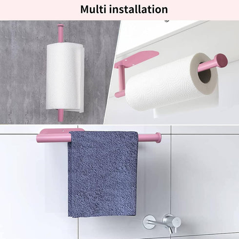 Pink Paper Towel Holder Kitchen Roll Holder, Paper Towel Holder - Self Adhesive or Drilling, Under Cabinet Pink Paper Towel Rack, Wall Mounted Pap...