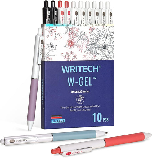 WRITECH Gel Pens Fine Point: 0.5mm 8 Black & 2 Red Ink Pen Set Clickable for Journaling Drawing Notetaking Bible Non Bleed 10ct Retractable Smooth...