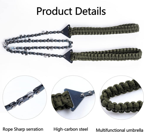 Pocket Chainsaw with Paracord Handle, Folding Chain Hand Saw, Emergency Outdoor Survival Gear for Camping, Hunting, Hiking, Cutting Wood & Tree (A...