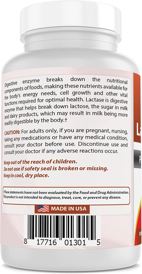 Best Naturals Lactose Intolerance Relief Tablets with Natural Lactase Enzyme, Fast Acting High Potency Lactase, 9000 FCC ALU, 180 Count...