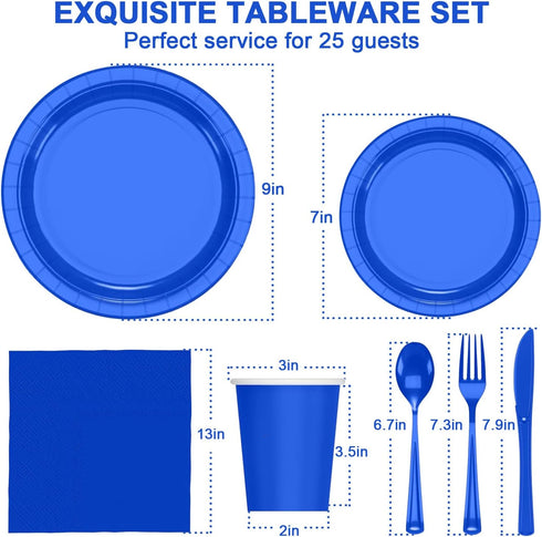 Blue Party Birthday Supplies, Blue Paper Plates Napkins Cups, Disposable Dinnerware Set Serves 25, Blue Plastic Forks Knives Spoon for Wedding Bri...