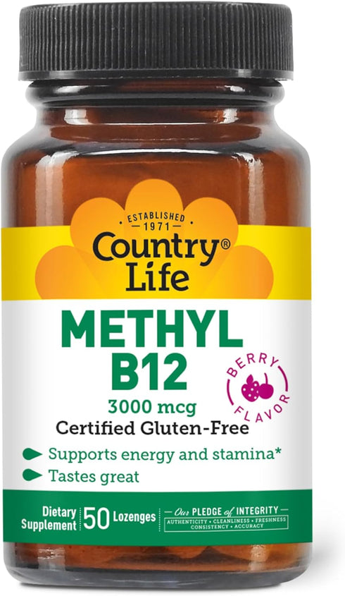 Country Life Methyl B-12 3000 mcg Lozenges, Vegan, Methylcobalamin for Energy and, Easily Absorbed, B12 Vitamin, Supports Energy Levels, Stamina &...