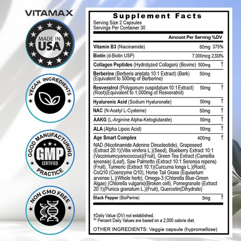 Vitamax Resveratrol NAD+ Berberine Hyaluronic Acid - Biotin Grape & Blueberry + NAC - Collagen Peptides - Hair, Nail, Skin & Joint Supplement - 21...