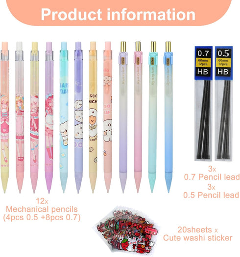 Kawaii Mechanical Pencil Set, with Lead Refills 0.5/0.7mm, Cute Pencils Set for Student Writing, Drawing, Sketching Office School Supplies 12PCS (...