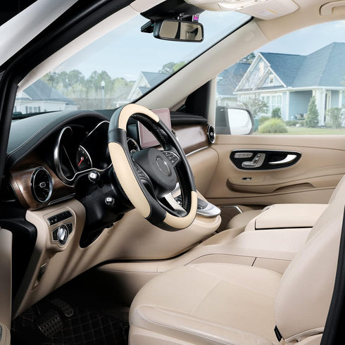 SEG Direct Car Steering Wheel Cover for All Standard-Size Steering Wheels with 14 1/2 inches - 15 inches Outer Diameter, Beige Microfiber Leather...