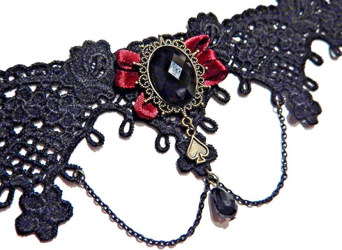 Queen of Spades Wide lace Black Burgundy Bronze Choker Gothic Victorian Necklace XS Collar...