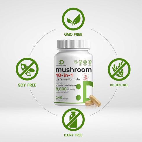 Organic Mushroom Supplement, 8,000mg Per Serving, 240 Capsules – 10 in 1 Defense Formula – Turkey Tail, Lions Mane, Cordyceps, Chaga, & More – Imm...