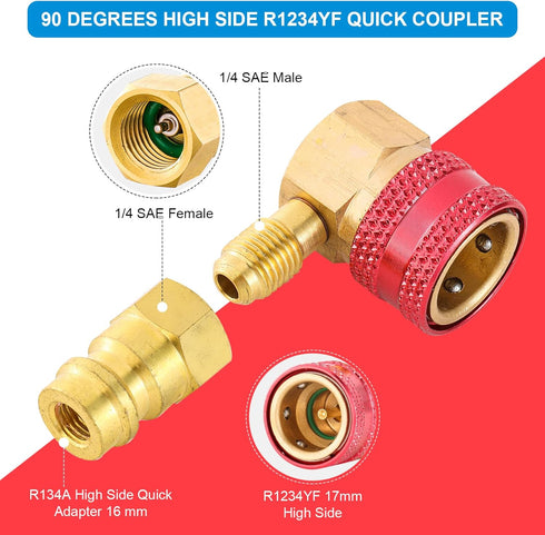 R1234YF to R134A Adapter, 90 Degrees R1234YF to R134A Conversion Adapters, R1234yf Quick Couplers Kit, High/Low Side Quick Coupler R1234YF AC Char...