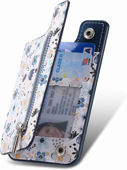 Stick on Wallet for Phone Case, Credit Adhesive Card Holder for Back of Phone Cases Flip Leather Zipper Flower Wallet Sleeve Compatible with iPhon...