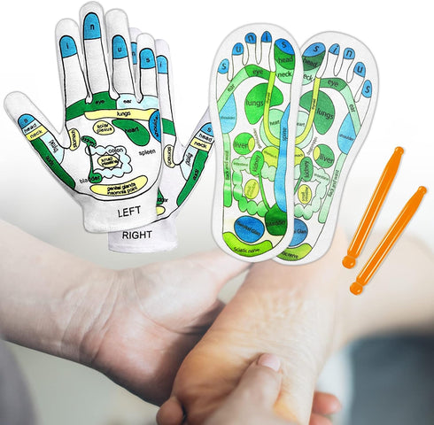 Reflexology Socks with Tools - 4 Pcs - Socks and Gloves Acupressure Reflexology Tools, Tutorial Reflexology Gloves with Massage Sandal, Pain Relie...