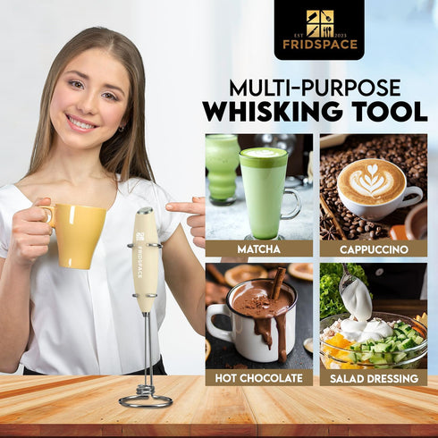 Handheld portable milk frother durable double whisk electric coffee machine, battery operated stainless steel milk mixer with stand, instant foam ...