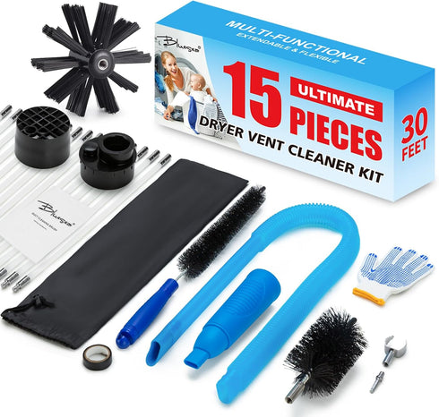 BLuesea Dryer Vent Cleaner Kit, 15-Piece Ultimate Dryer Cleaning Kit Include 30 Feet Dryer Vent Brush, Upgrade Noiseless Dryer Lint Vacuum Attachm...