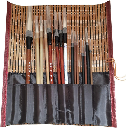 15 Pieces Chinese Calligraphy Writing Brushes Set with Writing Paper Roll-up Brush Bamboo Holder, Shanlian Hubi Kanji Japanese Sumi Drawing Brushe...