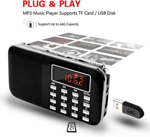 LEFON Mini Digital AM FM Radio Media Speaker MP3 Music Player Support TF Card/USB Disk with LED Screen Display and Emergency Flashlight Function (...