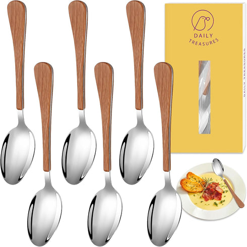 Daily Treasures Dinner Spoons Set, 6Pack 6.7" Food Grade Stainless Steel Spoons, Imitation Wood Handle Flatware Spoons for Coffee Dessert Tea Home...