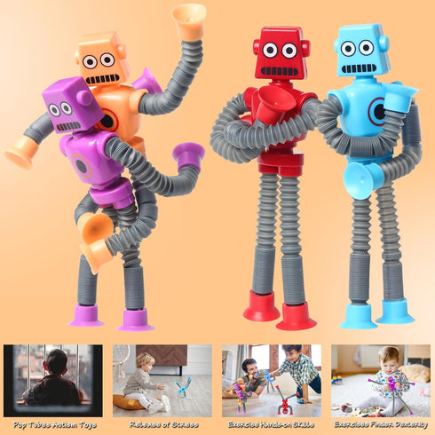4 Pcs Telescopic Suction Cup Robot Toy, Coolest Pop Tubes Sensory Toys for Toddlers, Educational Fidget Toys Robot Party Favors for Anxiety Kids f...