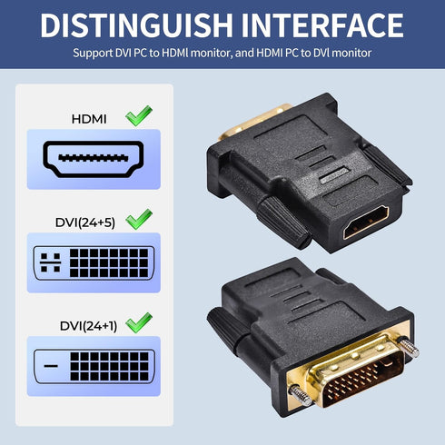 DVI to HDMI, Bidirectional DVI (DVI-D) to HDMI, Male to Female Adapter, 2-Pack?(24+1) Male Adapter with Gold-Plated for Computer, Monitor, Project...